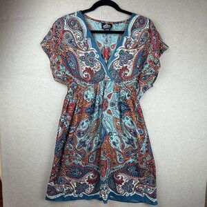 Angie Boho Dress Size Large Rayon Geometric Floral Beach Resort Coverup Blue